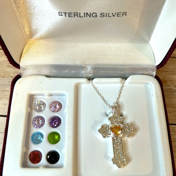 Sterling Silver Cross Pendant Necklace with Interchangeable Crystal Stones - Picture 1 of 6